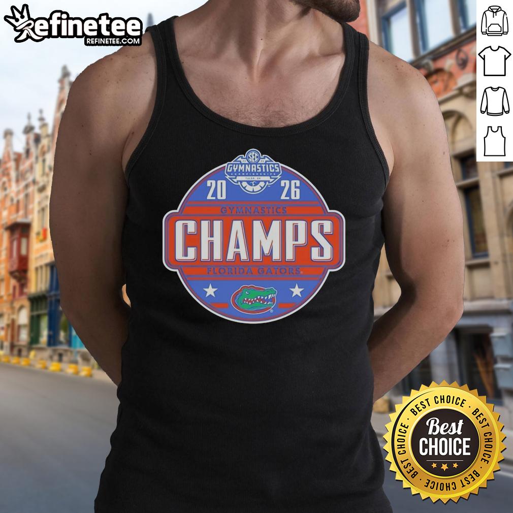 Florida Gators 2025 SEC Women's Gymnastics Champions tank top featuring team colors and logo, perfect for fans.