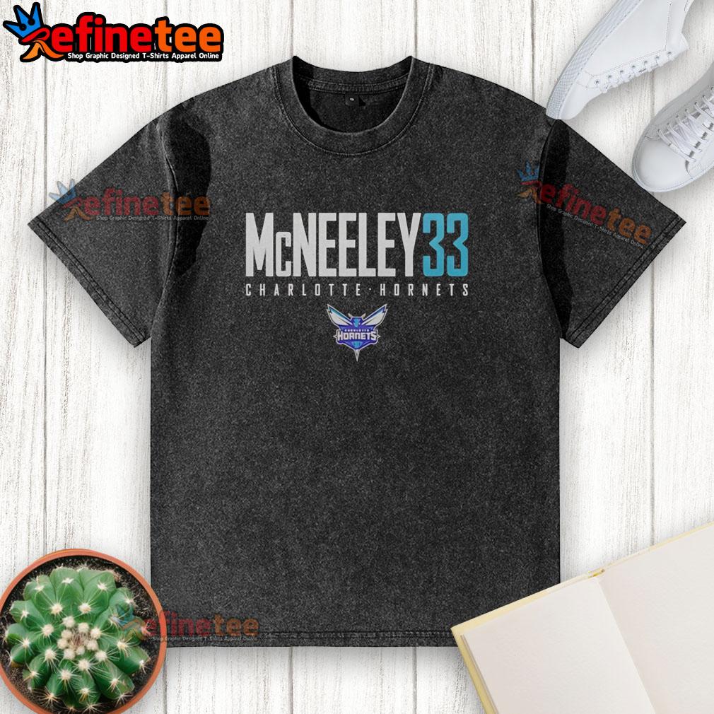 Original Liam McNeeley 33 Charlotte Hornets basketball washed t-shirt, featuring a vintage design and vibrant team colors.