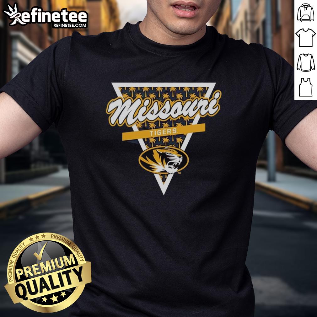 Alt Text: Original Missouri Tigers Football T-Shirt featuring a unique palm tree pattern inside a triangle logo design.