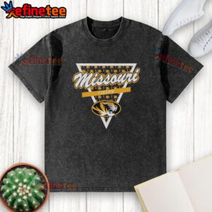 Alt Text: Original Missouri Tigers football washed t-shirt featuring a palm tree pattern inside a triangle logo design.