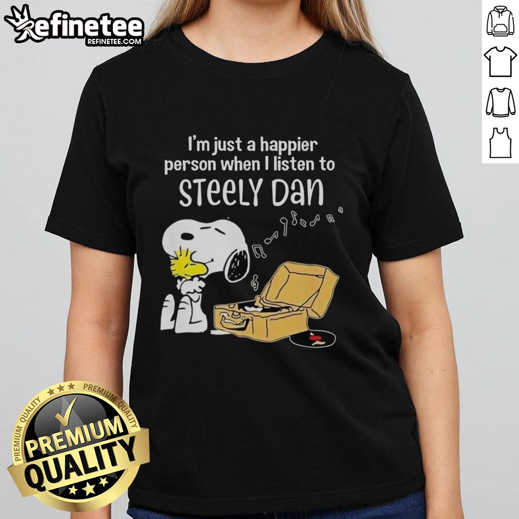 Original Snoopy tee featuring 'I'm Just A Happier Person When I Listen To Steely Dan' design for ladies.