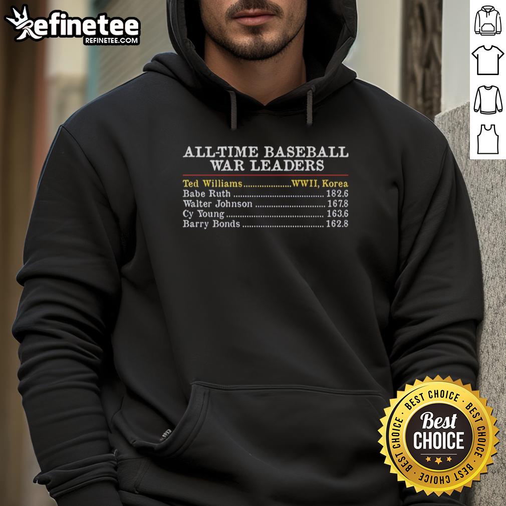 Premium all-time baseball WAR leaders hoodie featuring Ted Williams, Babe Ruth, Walter Johnson, Cy Young, and Barry Bonds.