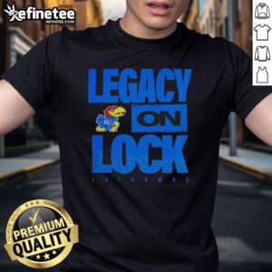 Alt Text: Premium Kansas Jayhawks NCAA 2026 Legacy On Lock mascot t-shirt featuring vibrant colors and team logo design.
