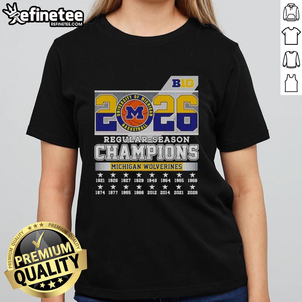 Premium Michigan Wolverines NCAA Basketball Big 10 2026 Champions Ladies Tee featuring team logo and stylish design.