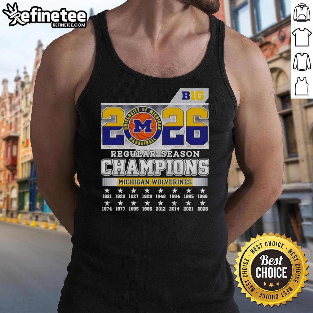 Premium Michigan Wolverines NCAA Basketball Big 10 2026 Regular Season Champions tank top in navy blue.