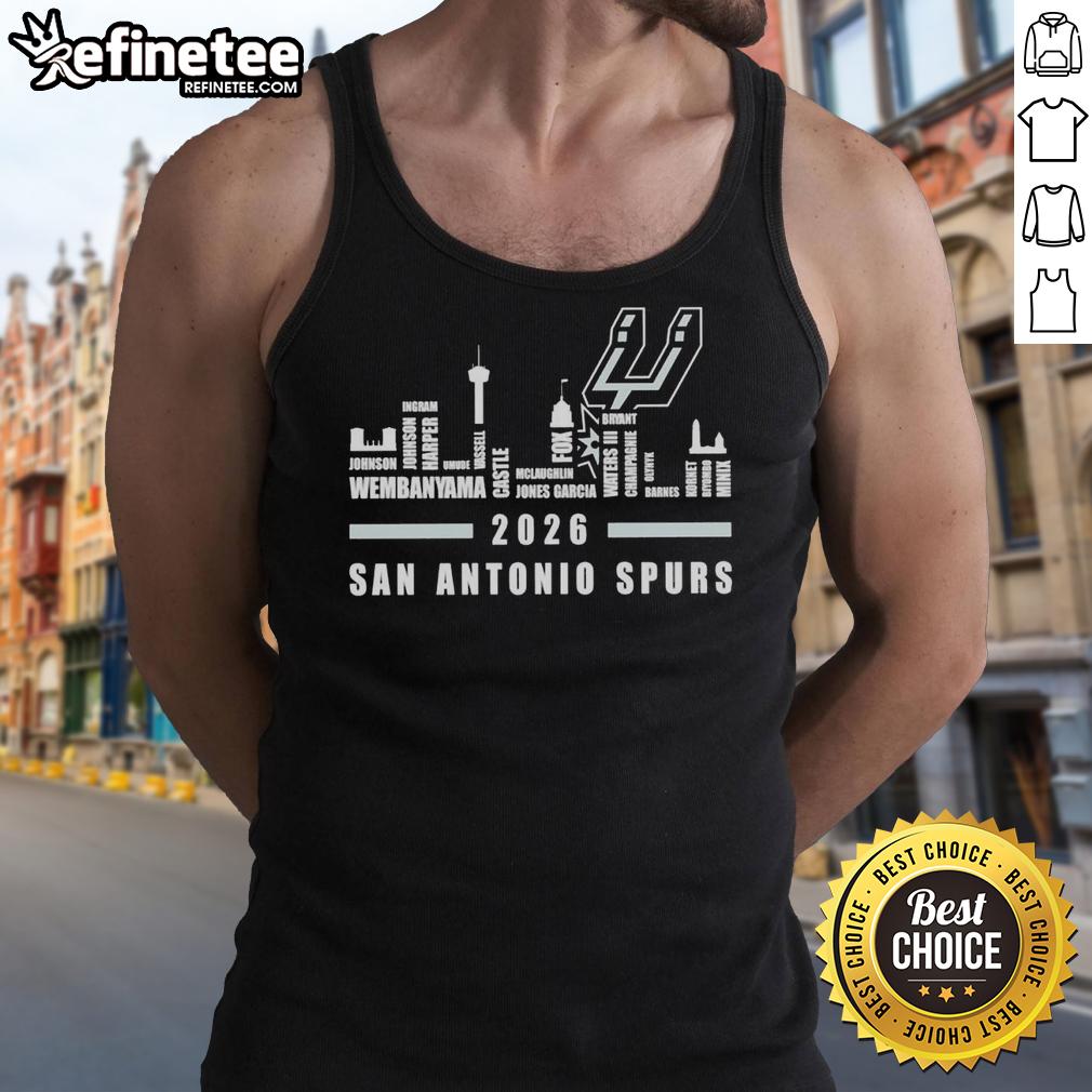 Premium San Antonio Spurs NBA 2026 tank top featuring player names and city skyline design for fans.