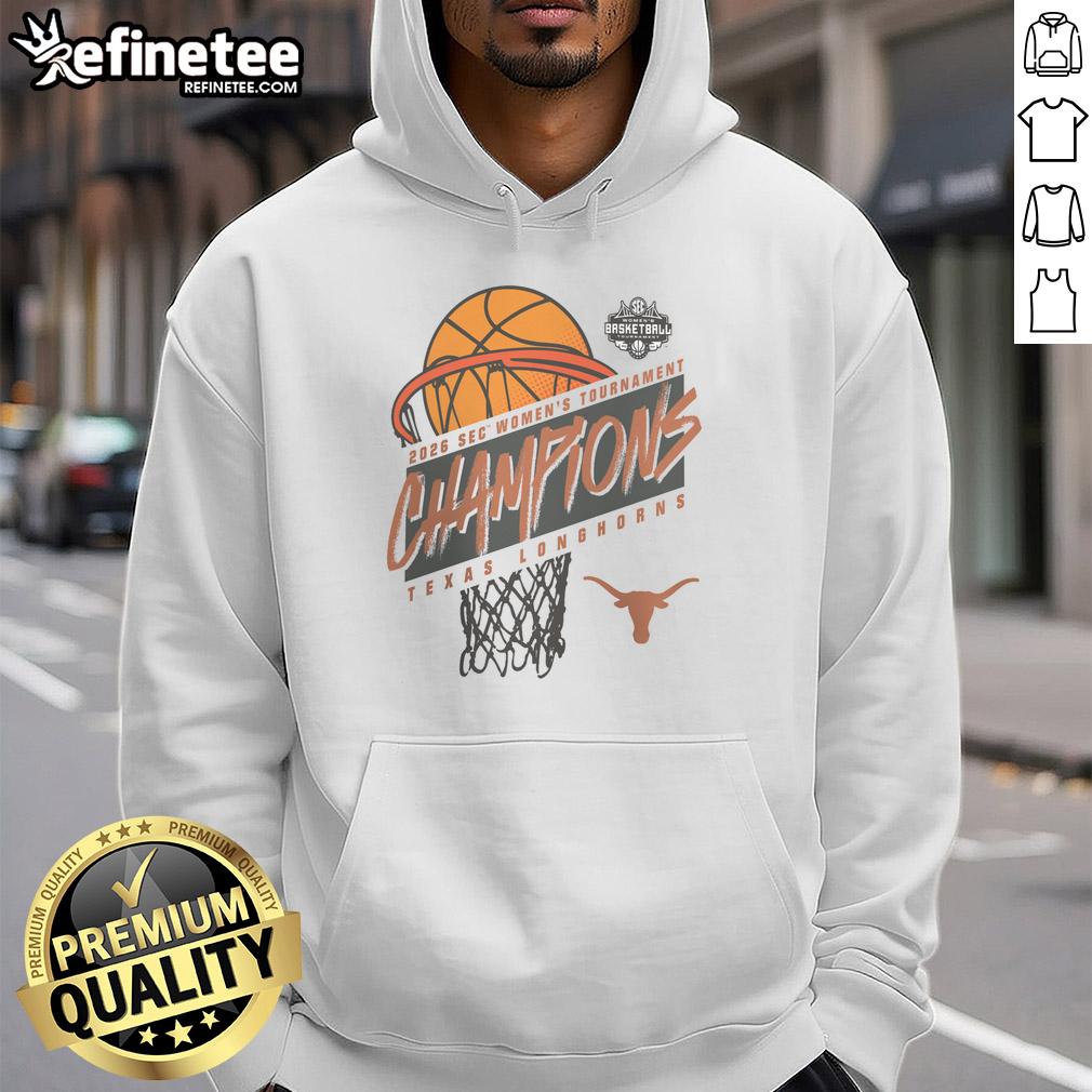 Premium Texas Longhorns 2026 SEC Women's Basketball Tournament Champions Hoodie featuring team colors and logo.