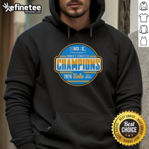 Alt Text: Premium UCLA Bruins Big Ten Women's Gymnastics Tournament Champions Hoodie in navy with logo and sporty design.