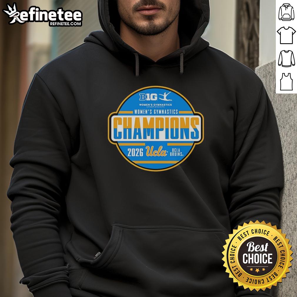 Alt Text: Premium UCLA Bruins Big Ten Women's Gymnastics Tournament Champions Hoodie in navy with logo and sporty design.