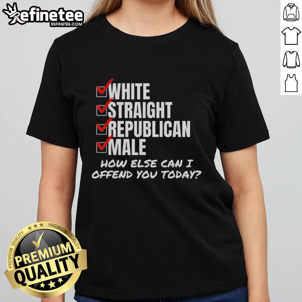 Alt Text: Premium white straight Republican male tee with humorous How else can I offend you today? slogan for casual wear.