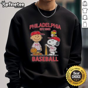 Alt Text: Awesome Charlie Brown, Snoopy, and Woodstock in Philadelphia Phillies baseball jersey sweatshirt, est. 1883.