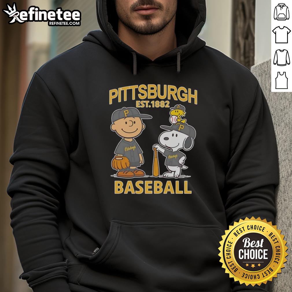 Alt Text: Awesome Charlie Brown, Snoopy, and Woodstock wearing Pittsburgh Pirates baseball jersey hoodie, est. 1882.