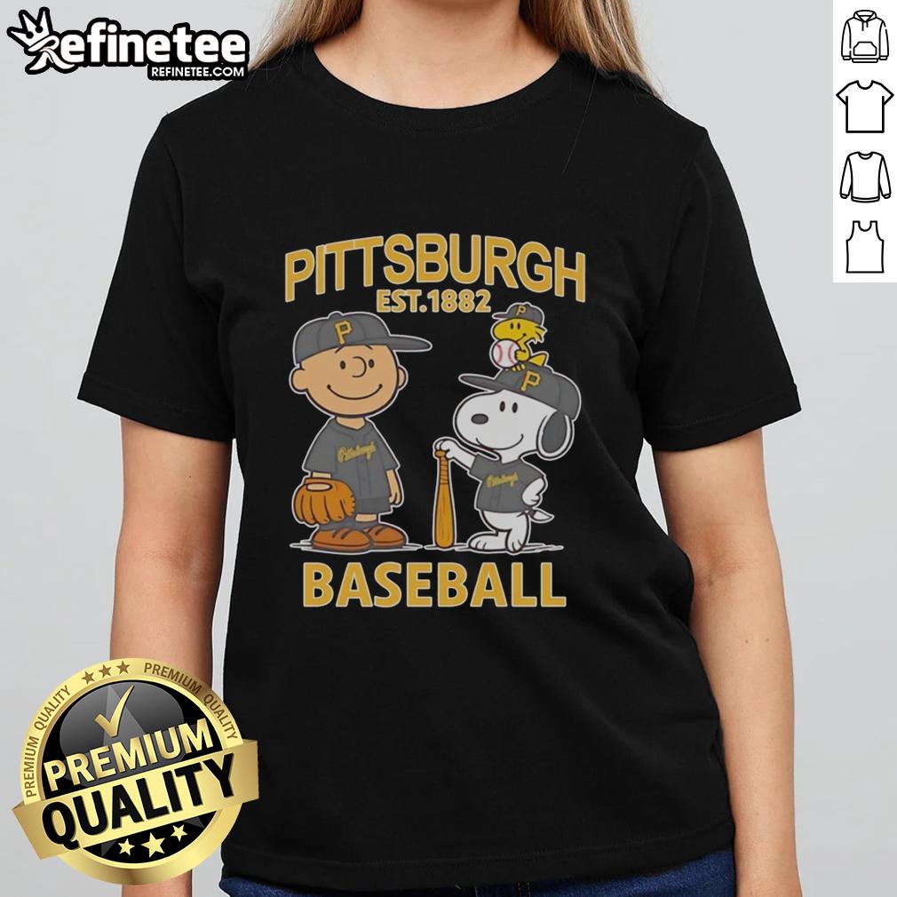 Alt Text: Awesome Charlie Brown, Snoopy, and Woodstock in Pittsburgh Pirates baseball jersey est. 1882 on ladies tee.