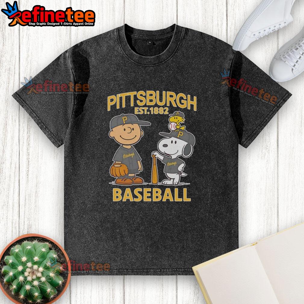 Alt Text: Awesome Charlie Brown, Snoopy, and Woodstock in Pittsburgh Pirates baseball jersey Est. 1882 on a washed t-shirt.