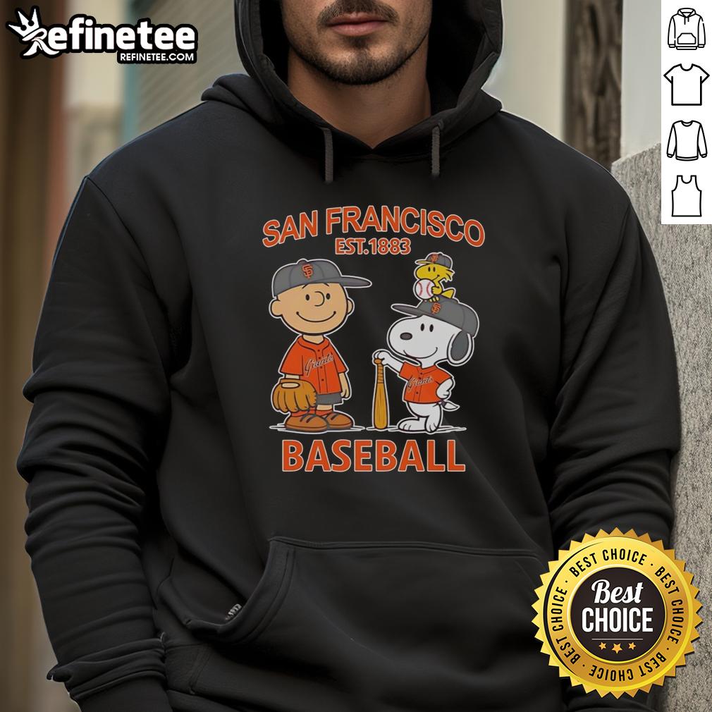 Alt Text: Awesome Charlie Brown, Snoopy, and Woodstock wearing San Francisco Giants baseball jersey hoodie, est. 1883.