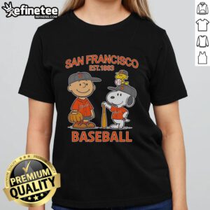 Awesome Charlie Brown, Snoopy, and Woodstock in San Francisco Giants baseball jersey est 1883 on a ladies tee.