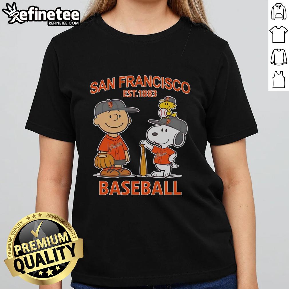 Awesome Charlie Brown, Snoopy, and Woodstock in San Francisco Giants baseball jersey est 1883 on a ladies tee.