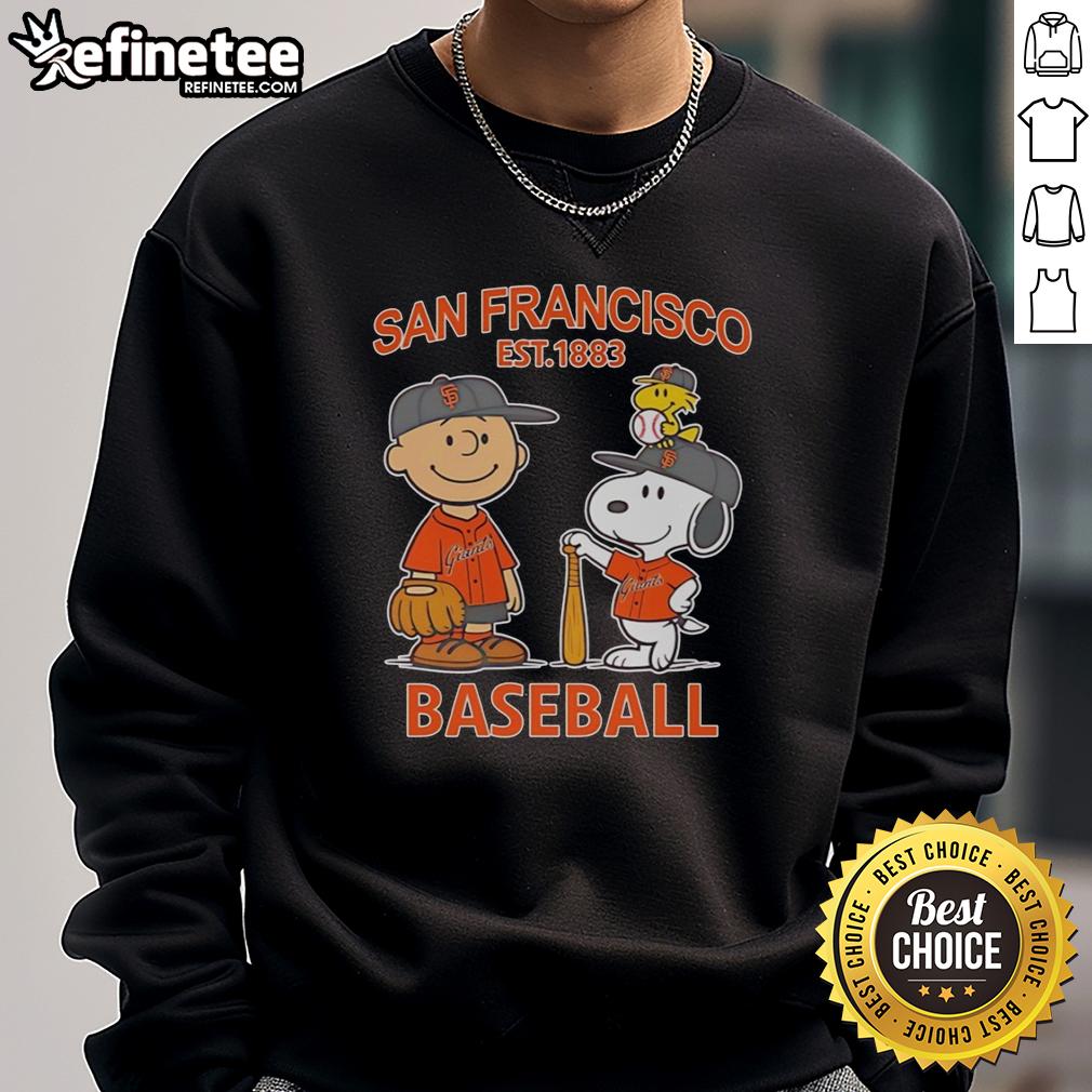 Awesome Charlie Brown, Snoopy, and Woodstock in San Francisco Giants baseball jersey sweatshirt, est. 1883.