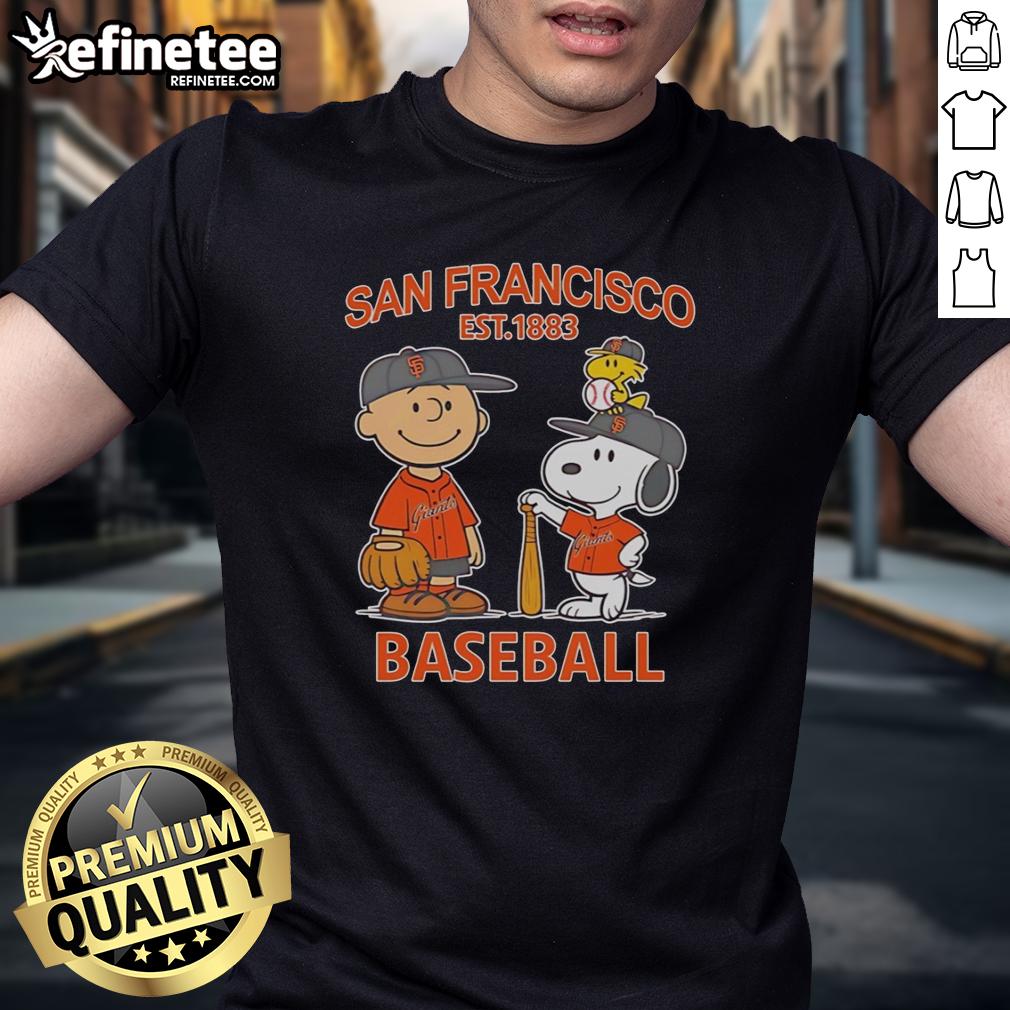 Alt Text: Charlie Brown, Snoopy, and Woodstock wearing San Francisco Giants baseball jersey t-shirt, established 1883.