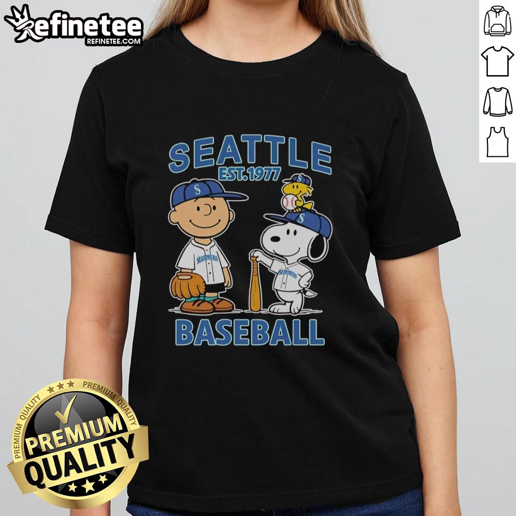 Awesome Charlie Brown, Snoopy, and Woodstock in Seattle Mariners baseball jersey, Est. 1977, on a ladies tee.
