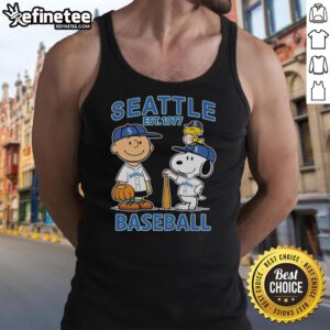 Awesome Charlie Brown, Snoopy, and Woodstock in Seattle Mariners baseball jersey tank top, est. 1977.