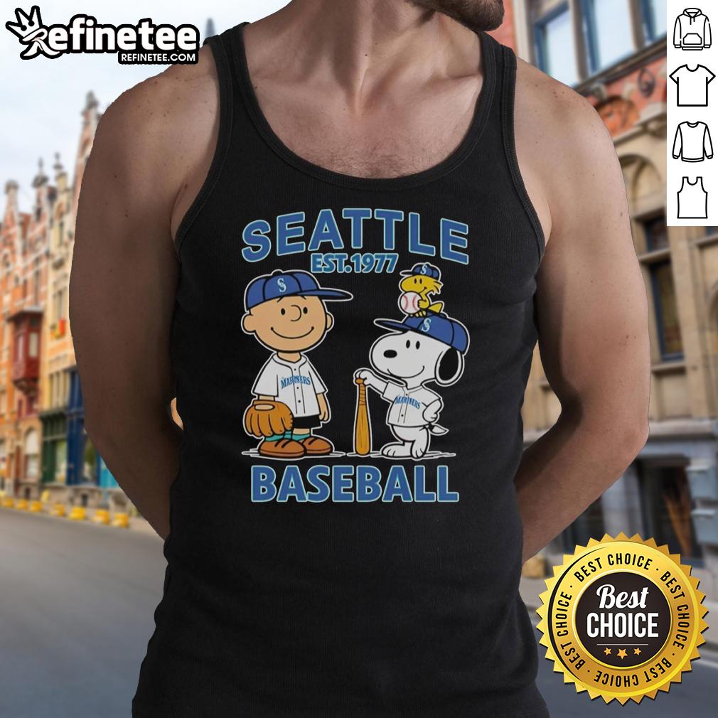 Awesome Charlie Brown, Snoopy, and Woodstock in Seattle Mariners baseball jersey tank top, est. 1977.