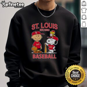 Alt Text: Awesome Charlie Brown, Snoopy, and Woodstock in St. Louis Cardinals baseball jersey sweatshirt, Est 1882 design.