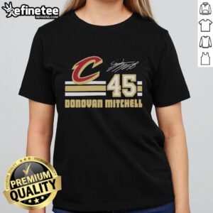 Awesome Donovan Mitchell Cleveland Cavaliers signature name and number ladies tee, showcasing team spirit and style.