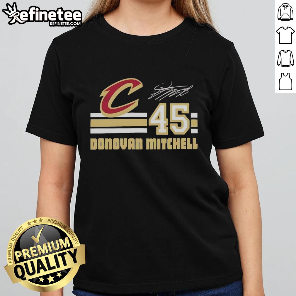 Awesome Donovan Mitchell Cleveland Cavaliers signature name and number ladies tee, showcasing team spirit and style.