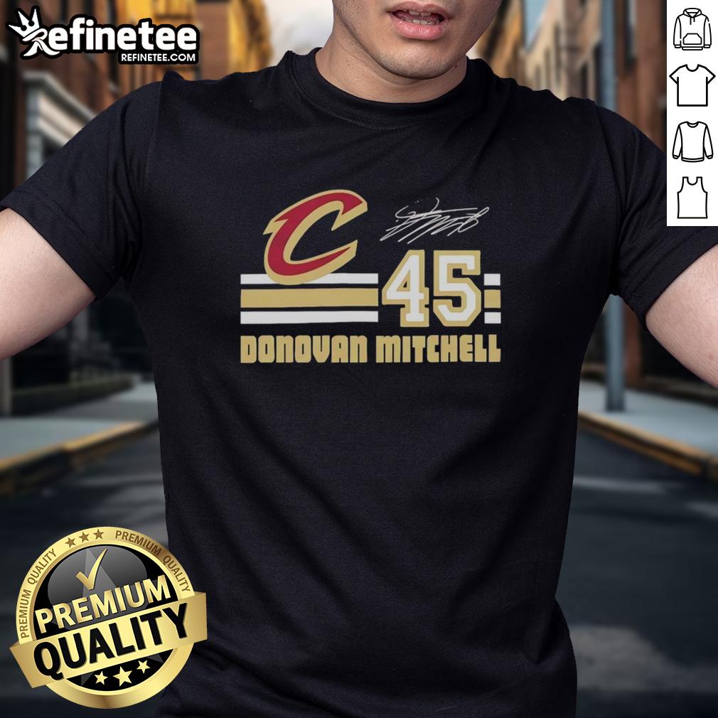 Alt Text: Donovan Mitchell Cleveland Cavaliers T-Shirt featuring signature name and number, perfect for fans and collectors.