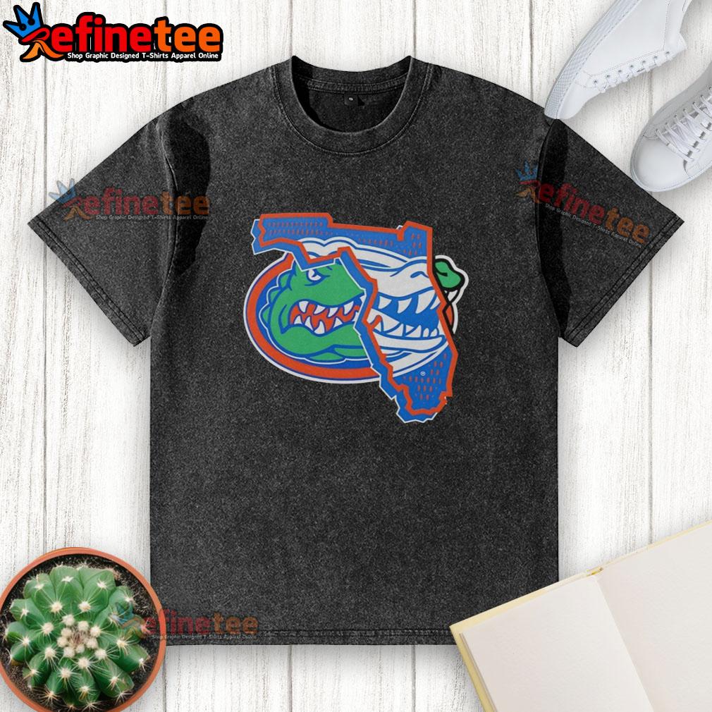 Alt Text: Awesome Florida Gators logo on a map design featured on a washed t-shirt, perfect for fans of the Gators.