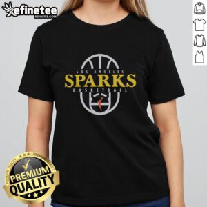 Los Angeles Sparks 2026 authentic practice logo ladies tee, showcasing vibrant team colors and stylish basketball apparel design.