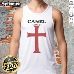 Good Camel Tobacco graphic tank top featuring a bold red Templar design, perfect for casual summer wear.