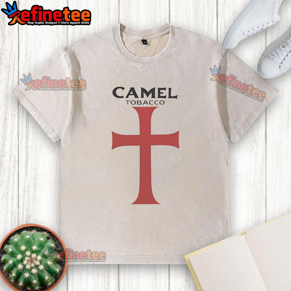 Good Camel Tobacco red Templar graphic washed t-shirt displayed on a wooden background, showcasing casual style.