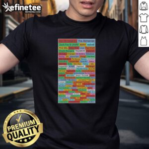 Alt Text: Nice Earl Sweatshirt, The Alchemist, Zack Fox, and Uway name list printed on a stylish T-shirt design.