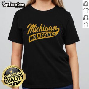 Stylish Nice Script Michigan Wolverines Ladies Tee featuring a vibrant design perfect for female fans of the team.