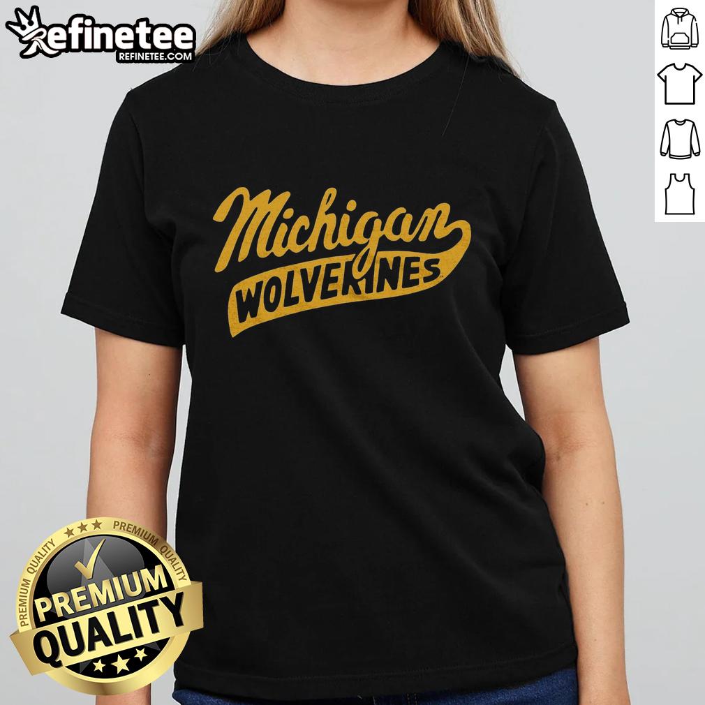 Stylish Nice Script Michigan Wolverines Ladies Tee featuring a vibrant design perfect for female fans of the team.