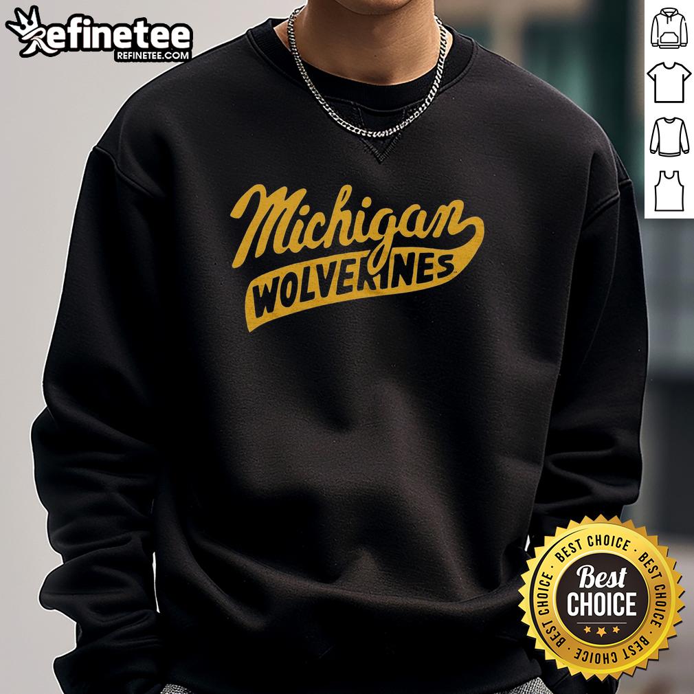 Alt Text: Cozy Nice Script Michigan Wolverines sweatshirt featuring bold logo, perfect for game day and casual wear.