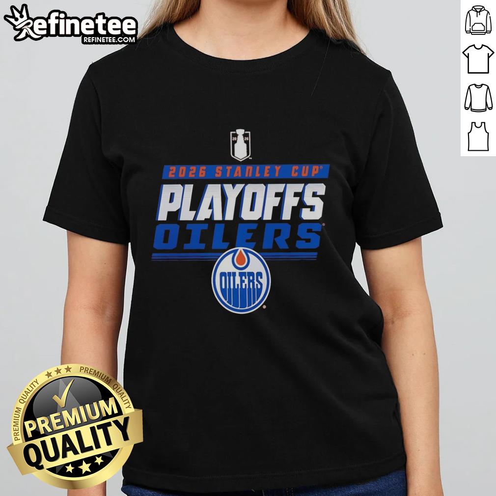 Alt Text: Official Edmonton Oilers Stanley Cup Playoffs 2026 Ladies Tee featuring team logo and stylish design.