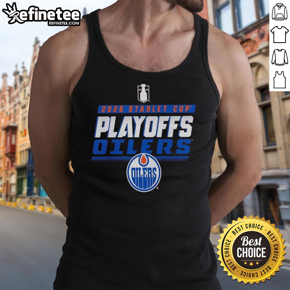 Official Edmonton Oilers Stanley Cup Playoffs 2026 tank top showcasing team logo and vibrant colors for fans.