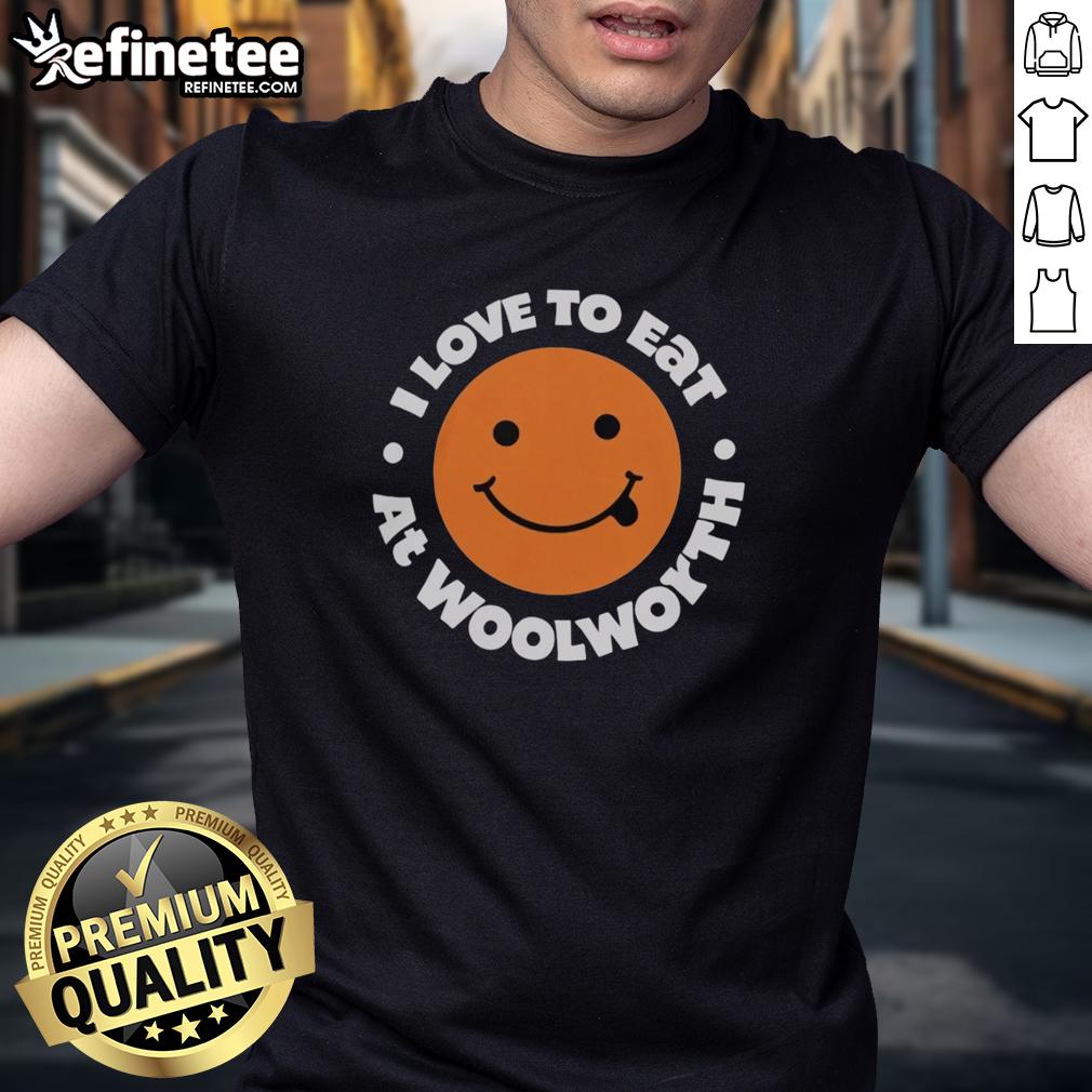 Alt Text: Official I Love To Eat At Woolworth T-Shirt featuring vibrant design and bold lettering for food lovers.
