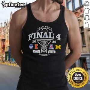 Official Indianapolis 2026 NCAA Men's Final 4 tank top featuring 'The Road Ends Here' slogan and vibrant team colors.