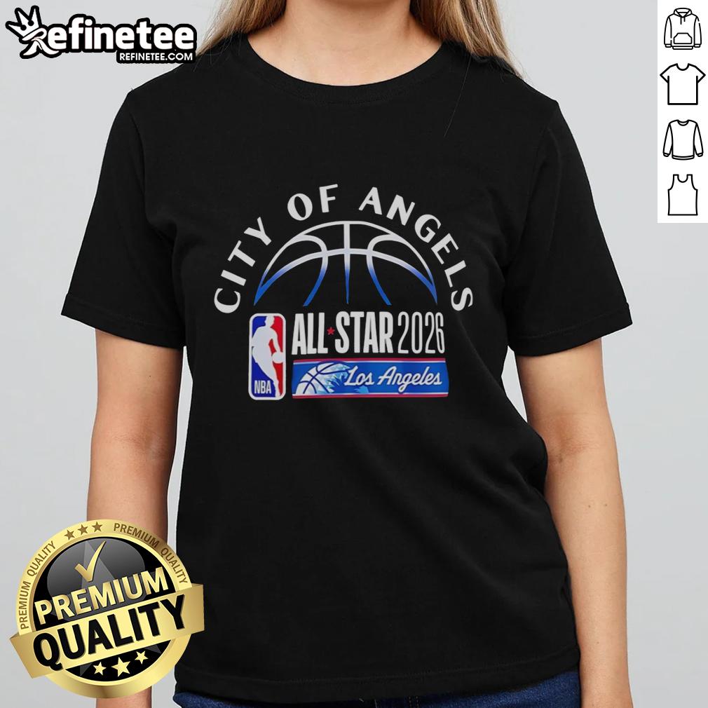 Alt Text: Official Los Angeles Clippers City of Angels All-Star 2026 ladies tee featuring vibrant team colors and logo.