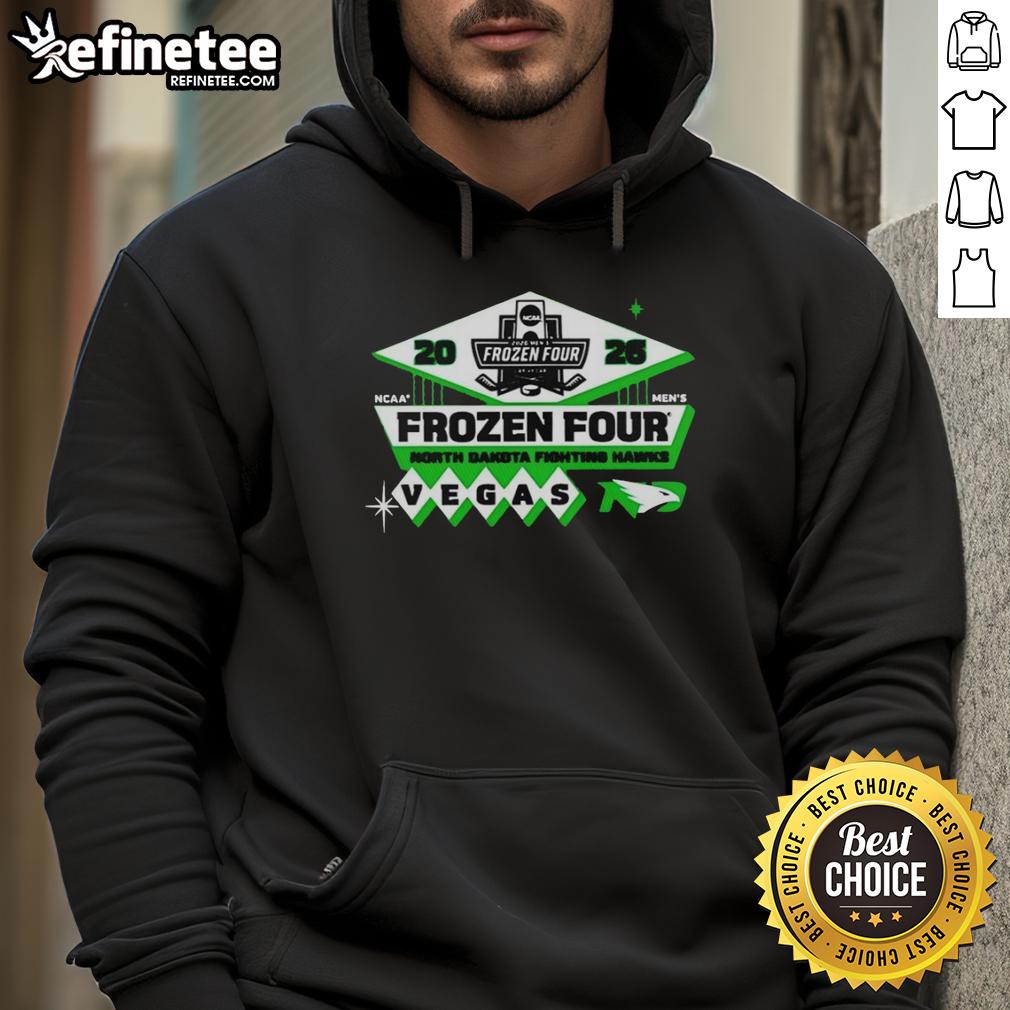 Official North Dakota Fighting Hawks Men's Hockey 2026 NCAA Frozen Four Vegas logo hoodie design in green and white.