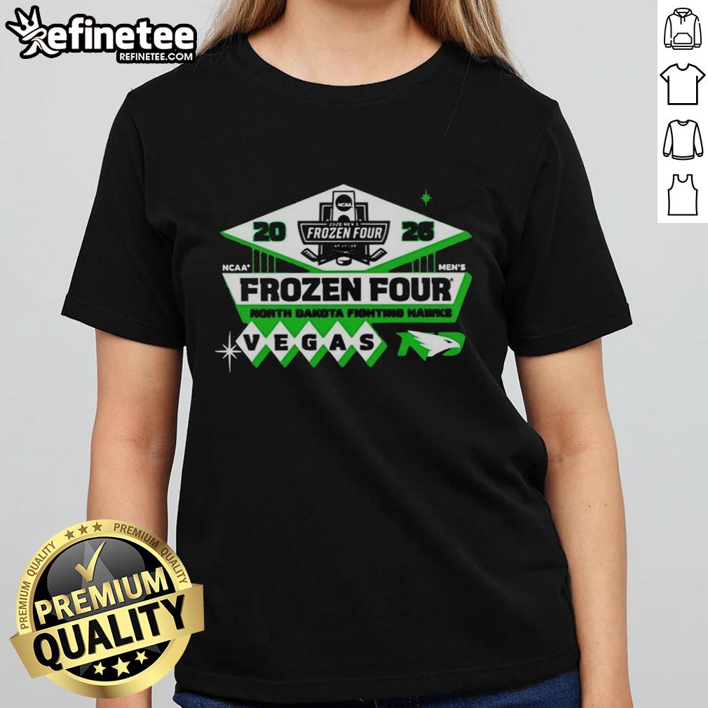 Alt Text: Official North Dakota Fighting Hawks Men's Hockey 2026 NCAA Frozen Four Vegas logo on a ladies tee shirt.
