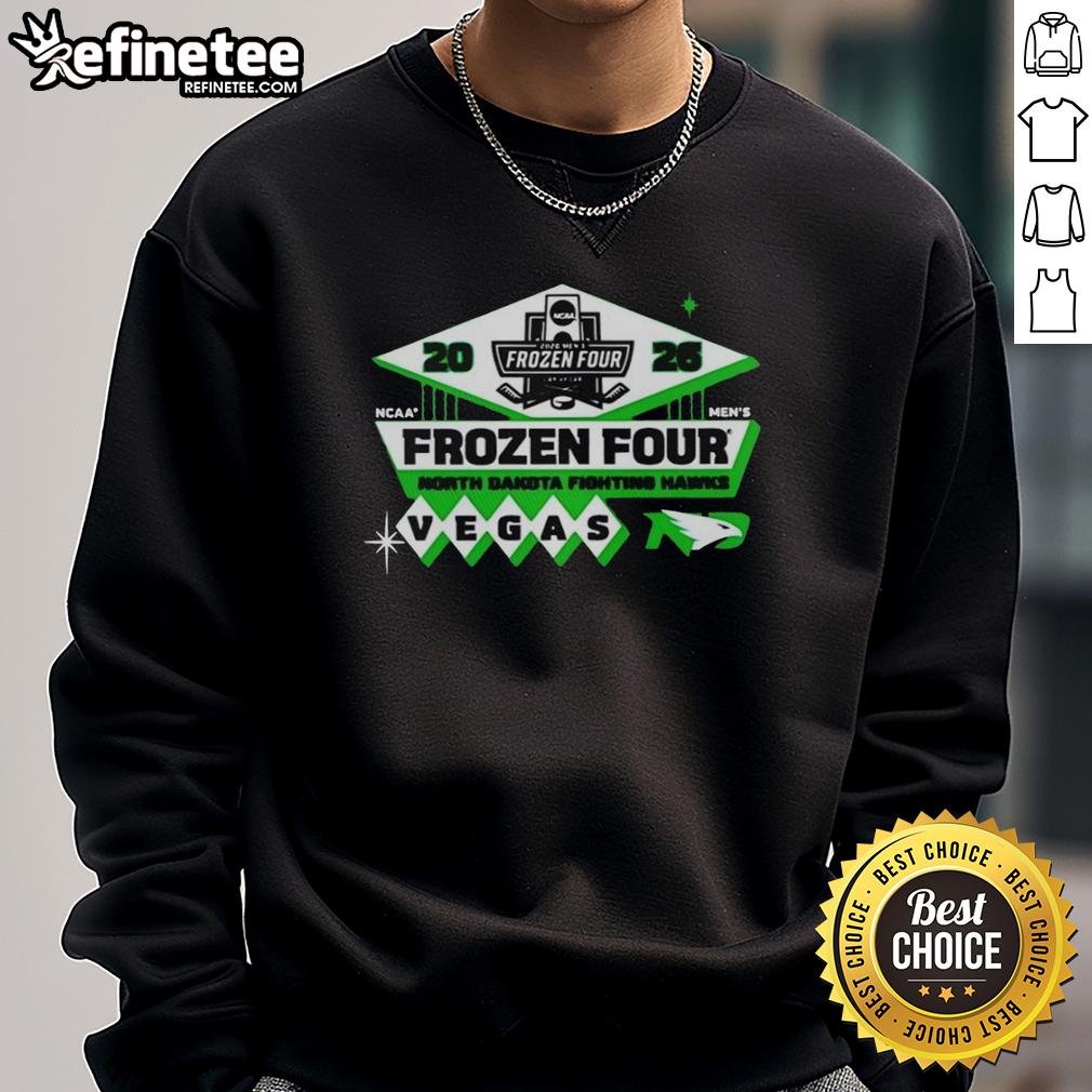 Alt Text: Official North Dakota Fighting Hawks Men's Hockey 2026 NCAA Frozen Four Vegas Logo Sweatshirt in green and white.