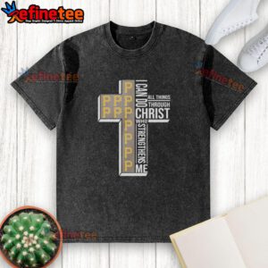 Official Pittsburgh Pirates baseball t-shirt featuring 'I Can Do All Things Through Christ' design with a cross.