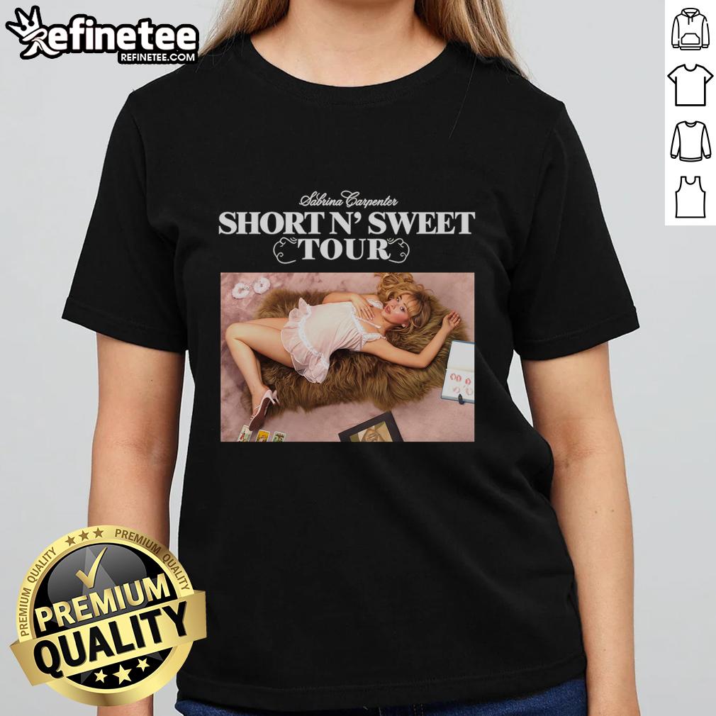 Official Short N Sweet Tour Sabrina Carpenter Ladies Tee showcasing stylish design and vibrant colors for fans.