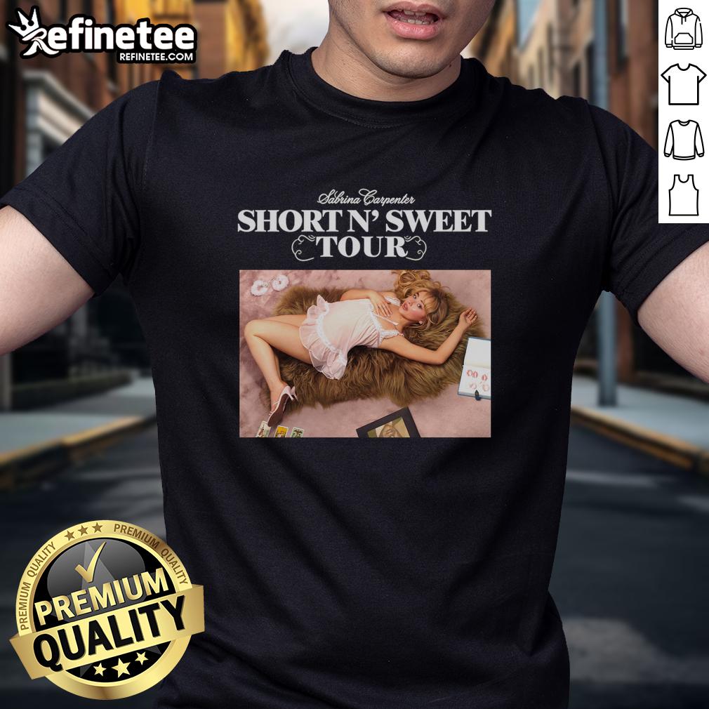 Official Short N' Sweet Tour Sabrina Carpenter T-Shirt featuring vibrant graphics and tour details, perfect for fans.