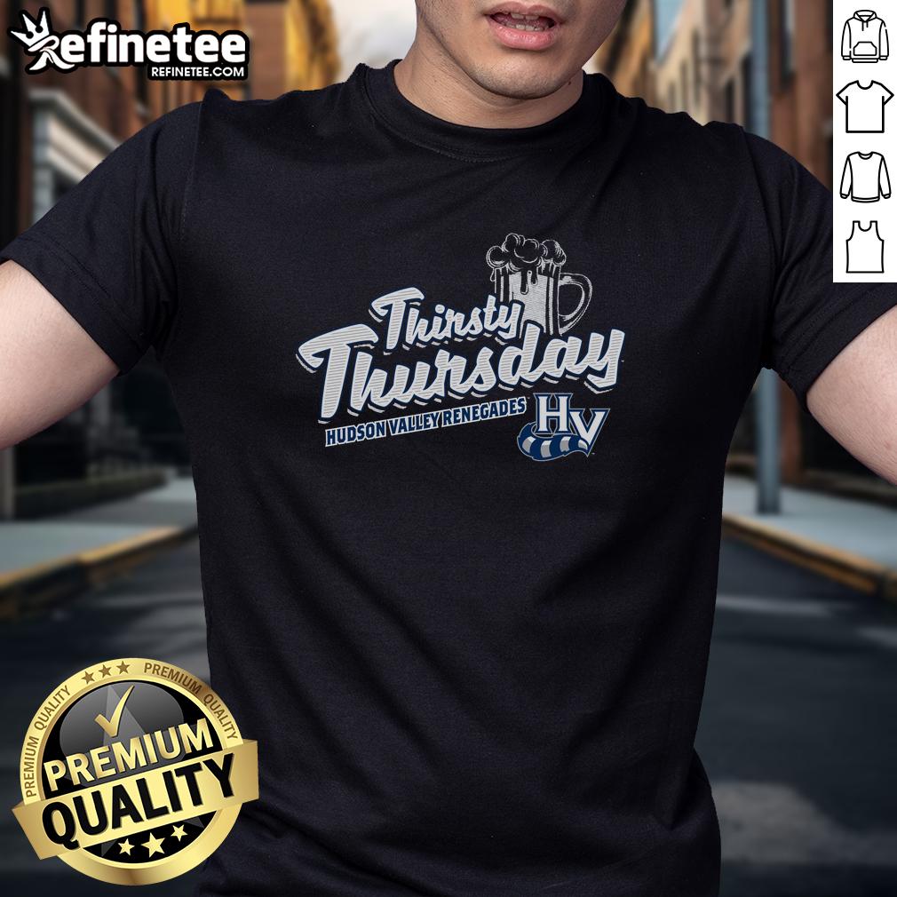 Alt Text: Official Thirsty Thursday Hudson Valley Renegades T-Shirt featuring team logo and vibrant design for baseball fans.